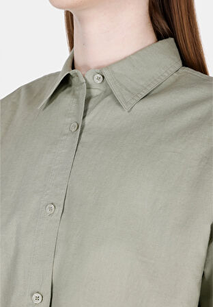 Relaxed Fit Shirt Neck Düz Kadın Yeşil Uzun Kol Gömlek