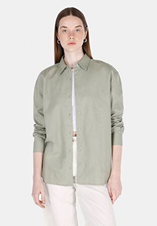 Relaxed Fit Shirt Neck Düz Kadın Yeşil Uzun Kol Gömlek