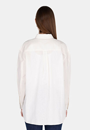 Relaxed Fit Shirt Neck Düz Kadın Beyaz Uzun Kol Gömlek