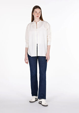 Relaxed Fit Shirt Neck Düz Kadın Beyaz Uzun Kol Gömlek
