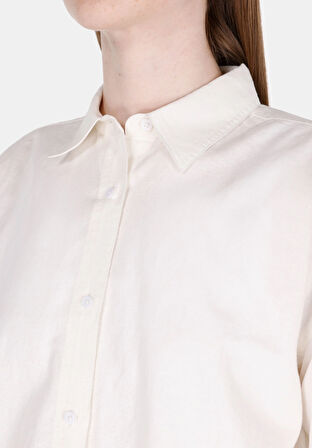 Relaxed Fit Shirt Neck Düz Kadın Beyaz Uzun Kol Gömlek