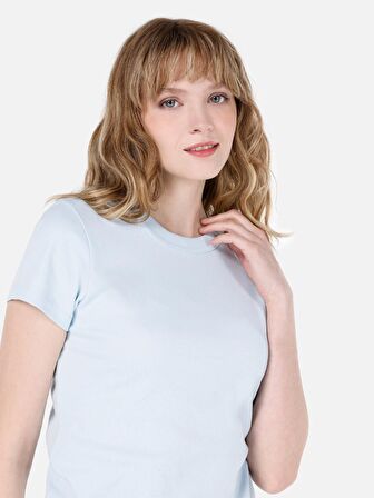 Dar Kesim Bisiklet Yaka Mavi Kadın Kısa Kol Tişört Cl1068567