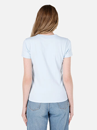 Slim Fit Yuvarlak Yaka Düz Kadın Mavi Kısa Kol Tişört