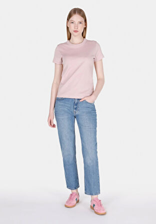 Slim Fit Yuvarlak Yaka Düz Kadın Pembe Kısa Kol Tişört