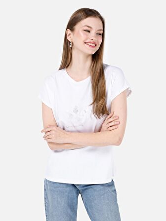 Normal Kesim Bisiklet Yaka Baskılı Beyaz Kadın Kısa Kol Tişört Cl1068582