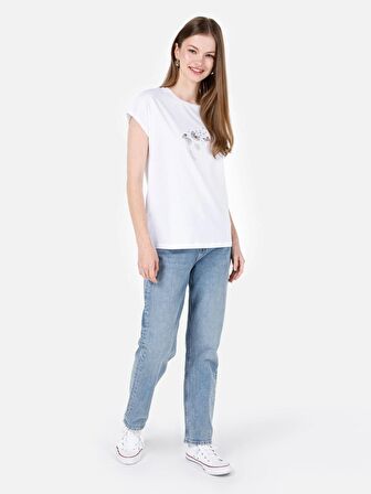 Normal Kesim Bisiklet Yaka Baskılı Beyaz Kadın Kısa Kol Tişört Cl1068582