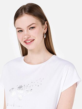 Normal Kesim Bisiklet Yaka Baskılı Beyaz Kadın Kısa Kol Tişört Cl1068582