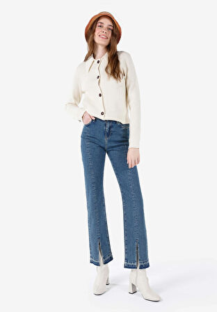 729 Maggy Regular Fit Yüksel Bel Yırtmaçlı Paça Kadın Mavi Jean Pantolon
