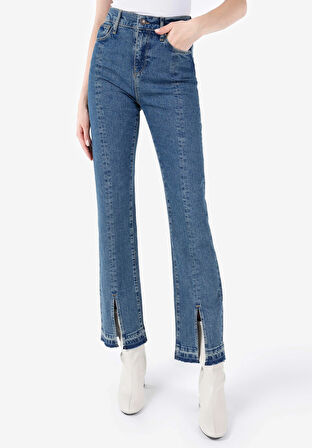 729 Maggy Regular Fit Yüksel Bel Yırtmaçlı Paça Kadın Mavi Jean Pantolon