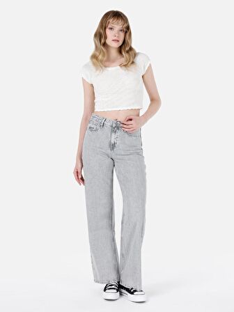 970 Berry Normal Kesim Yüksek Bel Geniş Paça Gri Kadın Pantolon Cl1068699