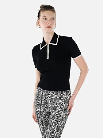 Dar Kesim Polo Kesim Fermuarlı Siyah Kadın Kazak Kısa Kol Kazak Cl1068723