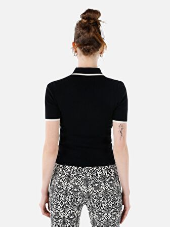 Dar Kesim Polo Kesim Fermuarlı Siyah Kadın Kazak Kısa Kol Kazak Cl1068723