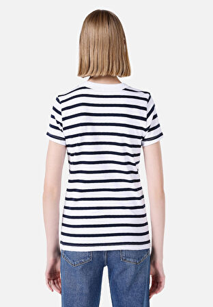 Slim Fit Yuvarlak Yaka Çizgili Kadın Lacivert Kısa Kol Tişört Cl1068750