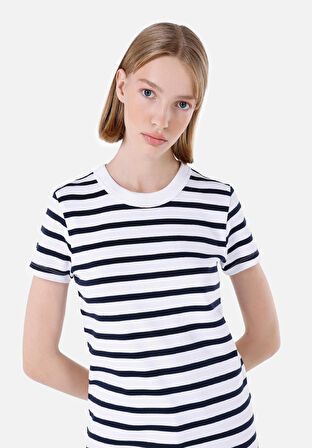 Slim Fit Yuvarlak Yaka Çizgili Kadın Lacivert Kısa Kol Tişört Cl1068750