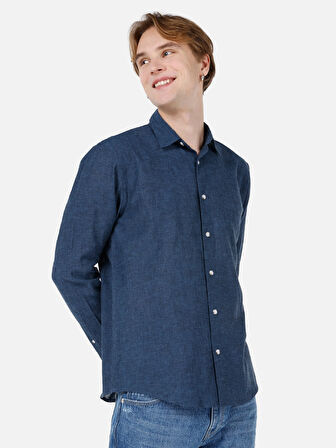 Normal Kesim Shirt Yaka Lacivert Erkek Uzun Kol Gömlek Cl1068759