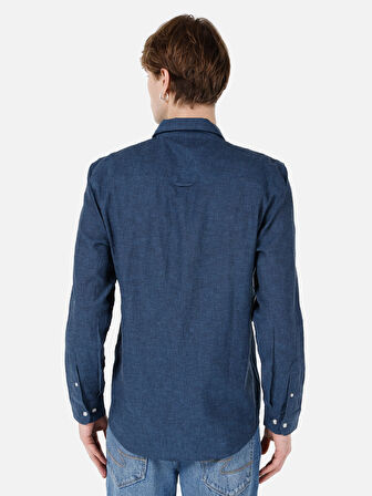 Normal Kesim Shirt Yaka Lacivert Erkek Uzun Kol Gömlek Cl1068759