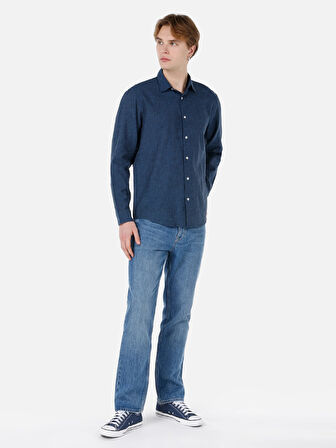 Normal Kesim Shirt Yaka Lacivert Erkek Uzun Kol Gömlek Cl1068759