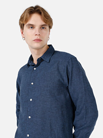 Normal Kesim Shirt Yaka Lacivert Erkek Uzun Kol Gömlek Cl1068759