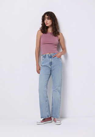 Regular Fit Orta Bel Geniş Paça Kadın İndigo Jean Pantolon