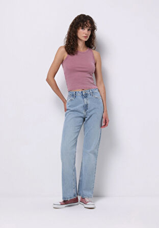 Regular Fit Orta Bel Geniş Paça Kadın İndigo Jean Pantolon