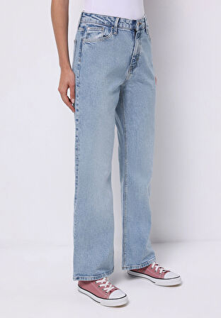 Regular Fit Orta Bel Geniş Paça Kadın İndigo Jean Pantolon