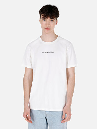 Regular Fit Bisiklet Yaka Baskılı Beyaz Erkek Kısa Kol Tişört