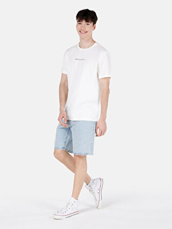 Regular Fit Bisiklet Yaka Baskılı Beyaz Erkek Kısa Kol Tişört