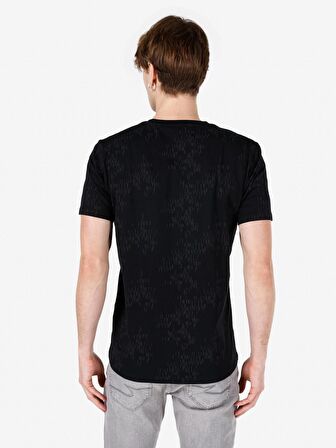 Normal Kesim Bisiklet Yaka Baskılı Siyah Erkek Kısa Kol Tişört