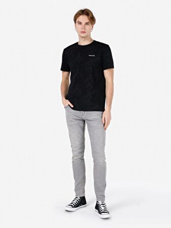 Normal Kesim Bisiklet Yaka Baskılı Siyah Erkek Kısa Kol Tişört