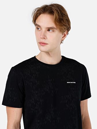 Normal Kesim Bisiklet Yaka Baskılı Siyah Erkek Kısa Kol Tişört