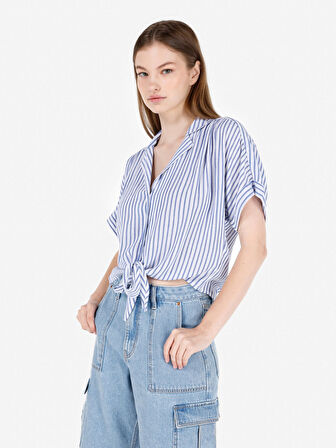 Regular Fit Shirt Yaka Desenli Mavi Kadın Kısa Kol Gömlek