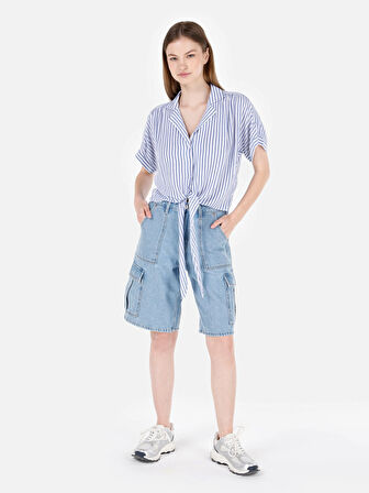 Regular Fit Shirt Yaka Desenli Mavi Kadın Kısa Kol Gömlek
