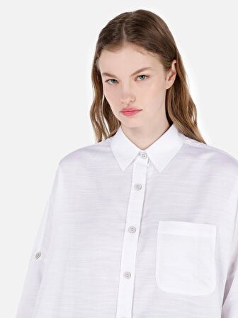 Normal Kesim Shirt Yaka Oversize Beyaz Kadın Uzun Kol Gömlek Cl1068904