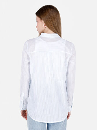 Regular Fit Shirt Yaka Desenli Mavi Kadın Uzun Kol Gömlek