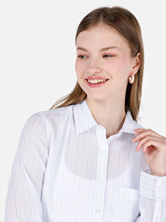 Regular Fit Shirt Yaka Desenli Mavi Kadın Uzun Kol Gömlek