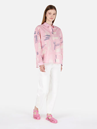 Normal Kesim Shirt Yaka Pembe Kadın Uzun Kol Gömlek Cl1068909