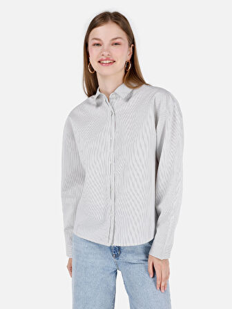 Normal Kesim Shirt Yaka Çizgili Beyaz Kadın Uzun Kol Gömlek