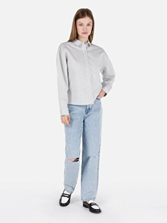 Normal Kesim Shirt Yaka Çizgili Beyaz Kadın Uzun Kol Gömlek