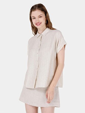 Normal Kesim Shirt Yaka Çizgili Ekru Kadın Kısa Kol Gömlek Cl1068927