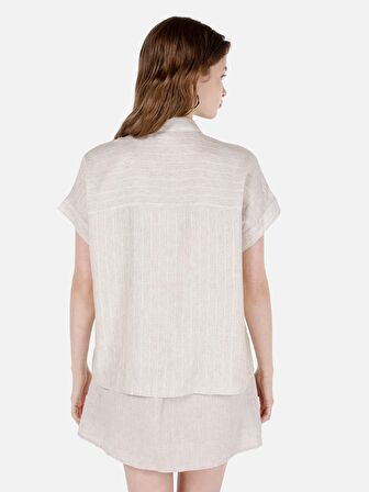 Normal Kesim Shirt Yaka Çizgili Ekru Kadın Kısa Kol Gömlek Cl1068927