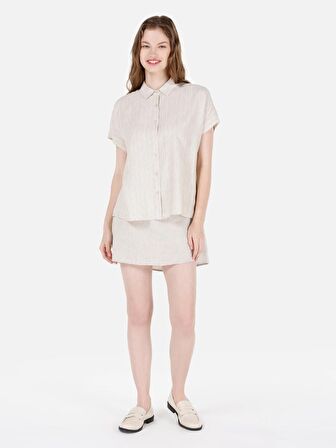 Normal Kesim Shirt Yaka Çizgili Ekru Kadın Kısa Kol Gömlek Cl1068927