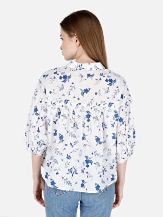 Normal Kesim Shirt Yaka Çiçek Desenli Beyaz Kadın Uzun Kol Gömlek