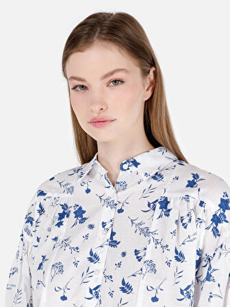 Normal Kesim Shirt Yaka Çiçek Desenli Beyaz Kadın Uzun Kol Gömlek