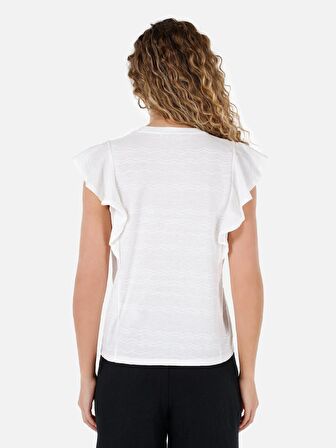 Normal Kesim Bisiklet Yaka Desenli Beyaz Kadın Kısa Kol Tişört Cl1069150