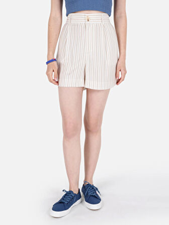 Regular Fit Yüksek Bel Cepli Bej Kadın Şort