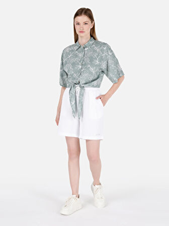 Normal Kesim Shirt Yaka Baskılı Yeşil Kadın Kısa Kol Gömlek Cl1069198