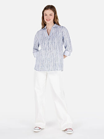 Regular Fit Shirt Yaka Roll-Up Kol Çizgili Beyaz Kadın Uzun Kol Gömlek