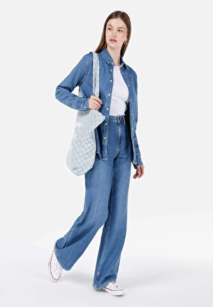 970 Berry Regular Fit Yüksel Bel Geniş Paça Kadın Mavi Jean Pantolon