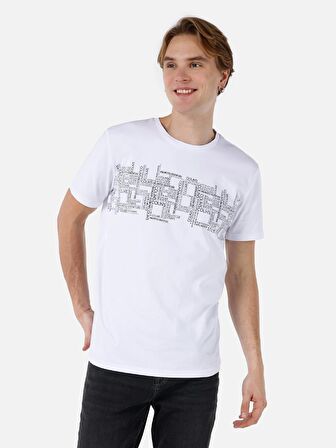 Normal Kesim Bisiklet Yaka Baskılı Beyaz Erkek Kısa Kol Tişört Cl1069257