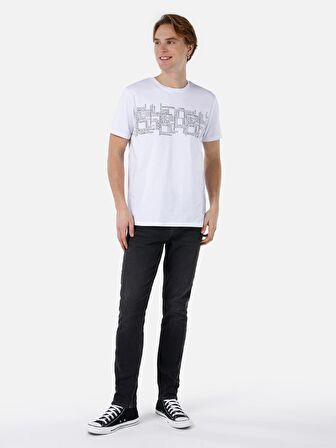 Normal Kesim Bisiklet Yaka Baskılı Beyaz Erkek Kısa Kol Tişört Cl1069257